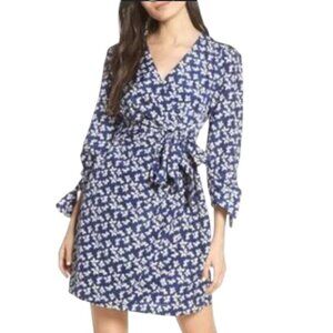 Chelsea28 Women's 8P Tie Waist Blue White Floral V-Neck Wrap Mini Dress